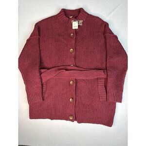 Free People Chunky Cable Knit Cardigan Sweatshirt Burgundy Pomegranate Large